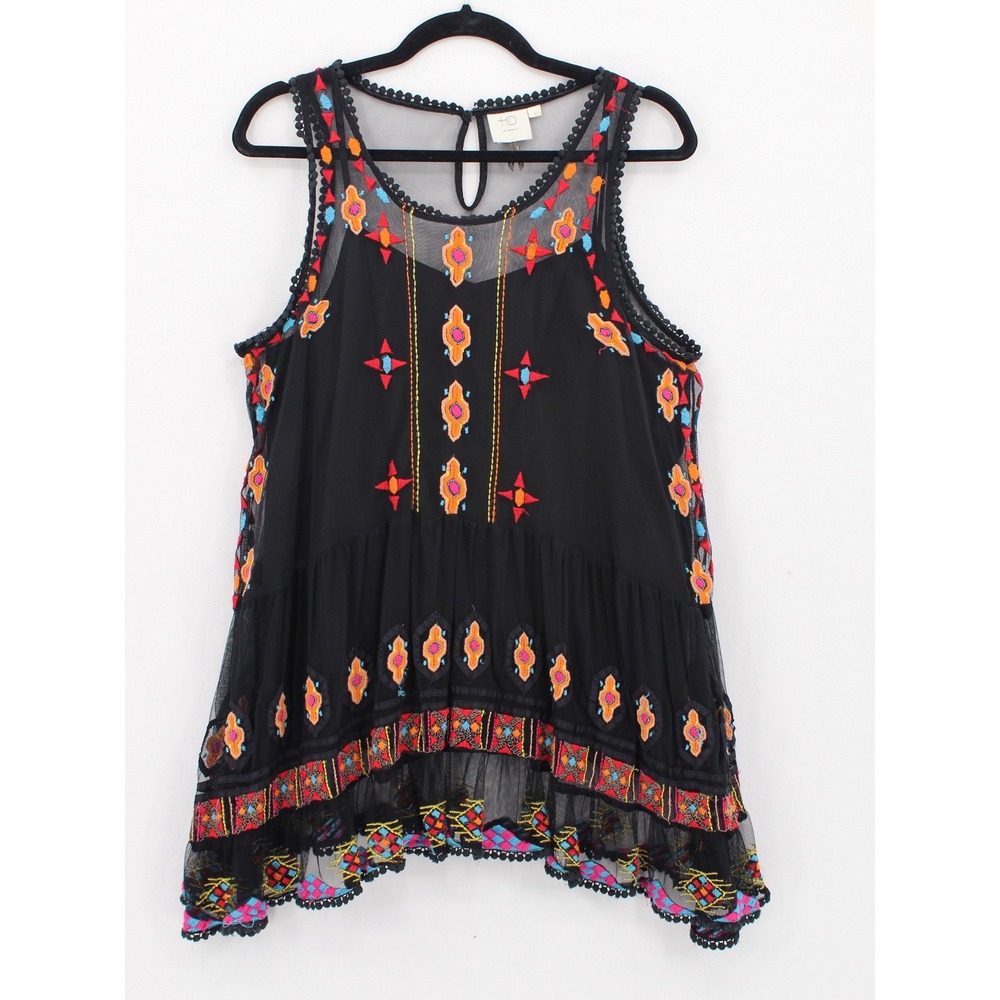 HD in Paris Black Embroidered Mesh Boho Sleeveless Top Tiered Hem Medium Flaw